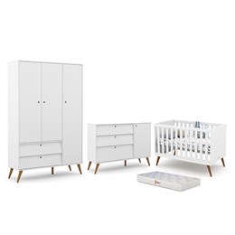 Dormitório Completo Infantil Retrô Gold 3 Portas, Cômoda com Porta, Berço e Colchão D18 Branco Soft/Eco Wood - Matic Móveis 