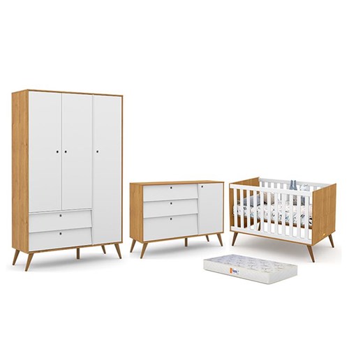 Dormitório Completo Infantil Retrô Gold 3 Portas, Cômoda com Porta, Berço e Colchão D18 Freijó/Branco Soft/Eco Wood - Matic Móveis 