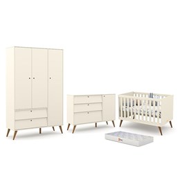 Dormitório Completo Infantil Retrô Gold 3 Portas, Cômoda com Porta, Berço e Colchão D18 Off White/Eco Wood - Matic Móveis 