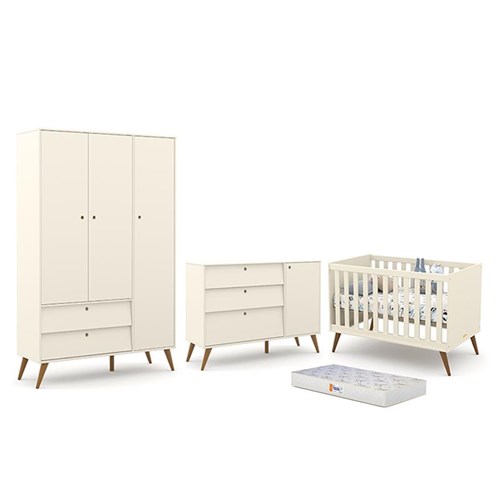 Dormitório Completo Infantil Retrô Gold 3 Portas, Cômoda com Porta, Berço e Colchão D18 Off White/Eco Wood - Matic Móveis 
