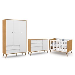Dormitório Completo Infantil Retrô Gold 3 Portas, Cômoda com Porta e Berço Freijó/Branco Soft/Eco Wood - Matic Móveis 