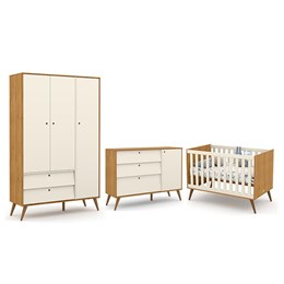 Dormitório Completo Infantil Retrô Gold 3 Portas, Cômoda com Porta e Berço Freijó/Off White/Eco Wood - Matic Móveis 