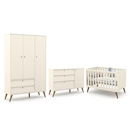 Dormitório Completo Infantil Retrô Gold 3 Portas, Cômoda com Porta e Berço Off White/Eco Wood - Matic Móveis 