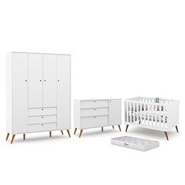 Dormitório Completo Infantil Retrô Gold 4 Portas, Cômoda com Porta, Berço e Colchão D18 Branco Soft/Eco Wood - Matic Móveis