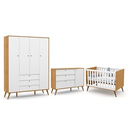 Dormitório Completo Infantil Retrô Gold 4 Portas, Cômoda com Porta e Berço Freijó/Branco Soft/Eco Wood - Matic Móveis
