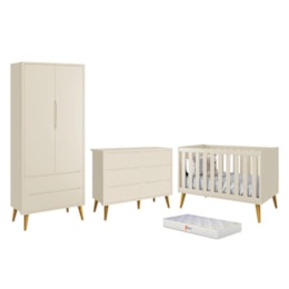 Dormitório Completo Infantil Theo 2 Portas, Cômoda 6 Gavetas, Berço Areia Fosco com Pés Amadeirado e Colchão D18 - Reller Móveis Dormitório Completo Infantil Theo 2 Portas, Cômoda 6 Gavetas, Berço Areia Fosco com Pés Amadeirado e Colchão D18 - Reller Móveis