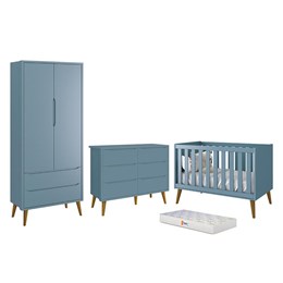 Dormitório Completo Infantil Theo 2 Portas, Cômoda 6 Gavetas, Berço Azul Fosco com Pés Amadeirado e Colchão D18 - Reller Móveis