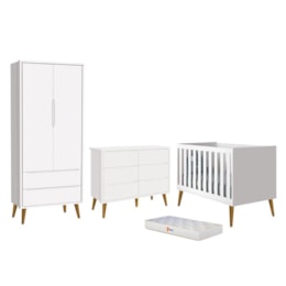 Dormitório Completo Infantil Theo 2 Portas, Cômoda 6 Gavetas, Berço Branco Fosco com Pés Amadeirado e Colchão D18 - Reller Móveis Dormitório Completo Infantil Theo 2 Portas, Cômoda 6 Gavetas, Berço Branco Fosco com Pés Amadeirado e Colchão D18 - Reller Móveis