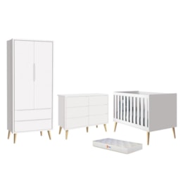 Dormitório Completo Infantil Theo 2 Portas, Cômoda 6 Gavetas, Berço Branco Fosco com Pés Madeira Natural e Colchão D18 - Reller Móveis Dormitório Completo Infantil Theo 2 Portas, Cômoda 6 Gavetas, Berço Branco Fosco com Pés Madeira Natural e Colchão D18 - Reller Móveis