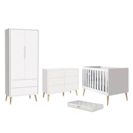 Dormitório Completo Infantil Theo 2 Portas, Cômoda 6 Gavetas, Berço Branco Fosco com Pés Madeira Natural e Colchão D18 - Reller Móveis