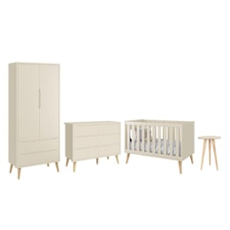 Dormitório Completo Infantil Theo 2 Portas, Cômoda 6 Gavetas, Berço e Mesa de Canto Areia Fosco com Pés Madeira Natural - Reller Móveis  Dormitório Completo Infantil Theo 2 Portas, Cômoda 6 Gavetas, Berço e Mesa de Canto Areia Fosco com Pés Madeira Natural - Reller Móveis