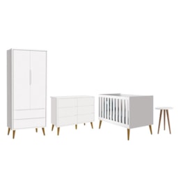 Dormitório Completo Infantil Theo 2 Portas, Cômoda 6 Gavetas, Berço e Mesa de Canto Branco Fosco com Pés Amadeirado - Reller Móveis Dormitório Completo Infantil Theo 2 Portas, Cômoda 6 Gavetas, Berço e Mesa de Canto Branco Fosco com Pés Amadeirado - Reller Móveis
