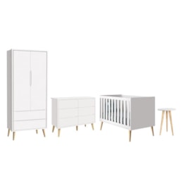 Dormitório Completo Infantil Theo 2 Portas, Cômoda 6 Gavetas, Berço e Mesa de Canto Branco Fosco com Pés Madeira Natural - Reller Móveis  Dormitório Completo Infantil Theo 2 Portas, Cômoda 6 Gavetas, Berço e Mesa de Canto Branco Fosco com Pés Madeira Natural - Reller Móveis