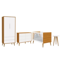 Dormitório Completo Infantil Theo 2 Portas, Cômoda 6 Gavetas, Berço e Mesa de Canto Branco/Savana com Pés Amadeirado - Reller Móveis Dormitório Completo Infantil Theo 2 Portas, Cômoda 6 Gavetas, Berço e Mesa de Canto Branco/Savana com Pés Amadeirado - Reller Móveis