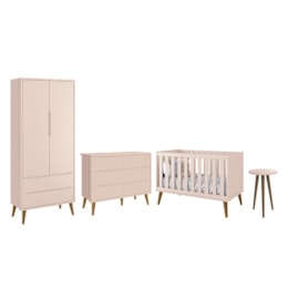 Dormitório Completo Infantil Theo 2 Portas, Cômoda 6 Gavetas, Berço e Mesa de Canto Rosa Fosco com Pés Amadeirado - Reller Móveis Dormitório Completo Infantil Theo 2 Portas, Cômoda 6 Gavetas, Berço e Mesa de Canto Rosa Fosco com Pés Amadeirado - Reller Móveis