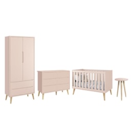 Dormitório Completo Infantil Theo 2 Portas, Cômoda 6 Gavetas, Berço e Mesa de Canto Rosa Fosco com Pés Madeira Natural - Reller Móveis 