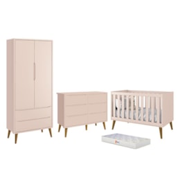 Dormitório Completo Infantil Theo 2 Portas, Cômoda 6 Gavetas, Berço Rosa Fosco com Pés Amadeirado e Colchão D18 - Reller Móveis Dormitório Completo Infantil Theo 2 Portas, Cômoda 6 Gavetas, Berço Rosa Fosco com Pés Amadeirado e Colchão D18 - Reller Móveis