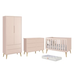 Dormitório Completo Infantil Theo 2 Portas, Cômoda 6 Gavetas, Berço Rosa Fosco com Pés Madeira Natural e Colchão D18 - Reller Móveis Dormitório Completo Infantil Theo 2 Portas, Cômoda 6 Gavetas, Berço Rosa Fosco com Pés Madeira Natural e Colchão D18 - Reller Móveis