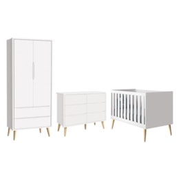 Dormitório Completo Infantil Theo 2 Portas, Cômoda 6 Gavetas e Berço Branco Fosco com Pés Madeira Natural - Reller Móveis Dormitório Completo Infantil Theo 2 Portas, Cômoda 6 Gavetas e Berço Branco Fosco com Pés Madeira Natural - Reller Móveis