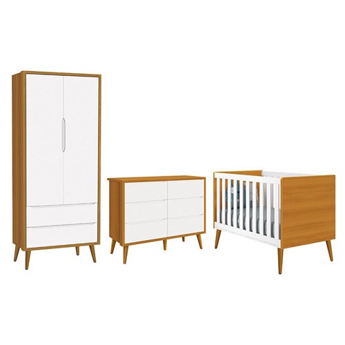 Dormitório Completo Infantil Theo 2 Portas, Cômoda 6 Gavetas e Berço Branco/Savana com Pés Amadeirado - Reller Móveis