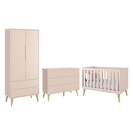 Dormitório Completo Infantil Theo 2 Portas, Cômoda 6 Gavetas e Berço Rosa Fosco com Pés Madeira Natural - Reller Móveis Dormitório Completo Infantil Theo 2 Portas, Cômoda 6 Gavetas e Berço Rosa Fosco com Pés Madeira Natural - Reller Móveis