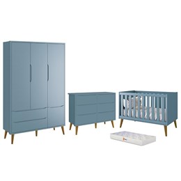 Dormitório Completo Infantil Theo 3 Portas, Cômoda 6 Gavetas, Berço Azul Fosco com Pés Amadeirado e Colchão D18 - Reller Móveis 