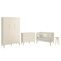 Dormitório Completo Infantil Theo 3 Portas, Cômoda 6 Gavetas, Berço e Mesa de Canto Areia Fosco com Pés Madeira Natural - Reller Móveis 