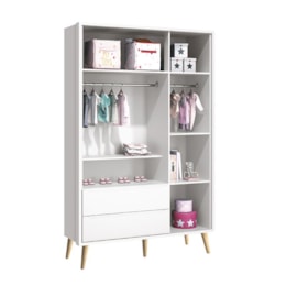 Dormitório Completo Infantil Theo 3 Portas, Cômoda 6 Gavetas, Berço e Mesa de Canto Branco Fosco com Pés Madeira Natural - Reller Móveis 