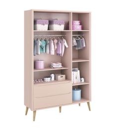 Dormitório Completo Infantil Theo 3 Portas, Cômoda 6 Gavetas, Berço e Mesa de Canto Rosa Fosco com Pés Madeira Natural - Reller Móveis 