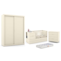 Dormitório Completo Infantil Tutto New 2 Portas de Correr, Cômoda 4 Gavetas, Berço Formare e Colchão D18 Off White - Matic Móveis Dormitório Completo Infantil Tutto New 2 Portas de Correr, Cômoda 4 Gavetas, Berço Formare e Colchão D18 Off White - Matic Móveis