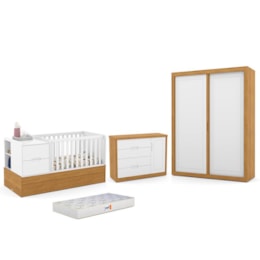 Dormitório Completo Infantil Tutto New 2 Portas de Correr, Cômoda, Berço Multifuncional Formare e Colchão D18 Branco Soft/Freijó - Matic Móveis Dormitório Completo Infantil Tutto New 2 Portas de Correr, Cômoda, Berço Multifuncional Formare e Colchão D18 Branco Soft/Freijó - Matic Móveis