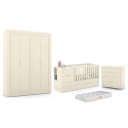 Dormitório Completo Infantil Tutto New 4 Portas, Cômoda 4 Gavetas, Berço Multifuncional Formare e Colchão D18 Off White - Matic Móveis Dormitório Completo Infantil Tutto New 4 Portas, Cômoda 4 Gavetas, Berço Multifuncional Formare e Colchão D18 Off White - Matic Móveis