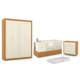 Dormitório Completo Infantil Tutto New 4 Portas, Cômoda 4 Gavetas, Berço Multifuncional Formare e Colchão D18 Off White/Freijó - Matic Móveis Dormitório Completo Infantil Tutto New 4 Portas, Cômoda 4 Gavetas, Berço Multifuncional Formare e Colchão D18 Off White/Freijó - Matic Móveis