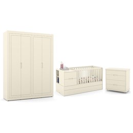 Dormitório Completo Infantil Tutto New 4 Portas, Cômoda 4 Gavetas e Berço Multifuncional Formare Off White - Matic Móveis