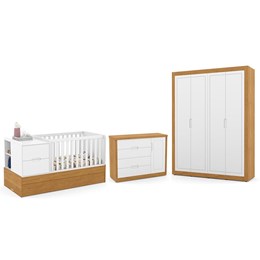 Dormitório Completo Infantil Tutto New 4 Portas, Cômoda e Berço Multifuncional Formare Branco Soft/Freijó - Matic Móveis