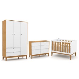 Dormitório Completo Infantil Unique 3 Portas, Cômoda 6 Gavetas e Berço Branco Soft/Freijó/Eco Wood - Matic Móveis 