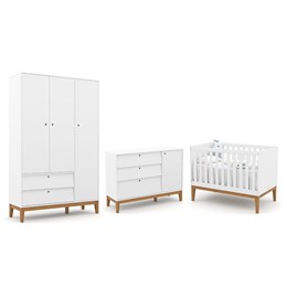 Dormitório Completo Infantil Unique 3 Portas, Cômoda com Porta e Berço Branco Soft/Eco Wood - Matic Móveis 