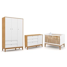 Dormitório Completo Infantil Unique 3 Portas, Cômoda com Porta e Berço Branco Soft/Freijó/Eco Wood - Matic Móveis 