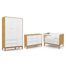 Dormitório Completo Infantil Unique 3 Portas, Cômoda com Porta e Berço Freijó/Branco Soft/Eco Wood - Matic Móveis 