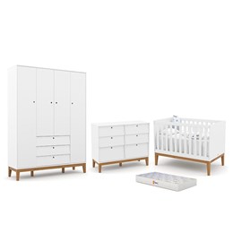 Dormitório Completo Infantil Unique 4 Portas, Cômoda 6 Gavetas, Berço Branco Soft/Eco Wood e Colchão - Matic Móveis 