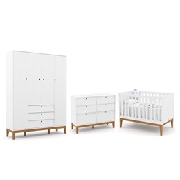 Dormitório Completo Infantil Unique 4 Portas, Cômoda 6 Gavetas e Berço Branco Soft/Eco Wood - Matic Móveis 
