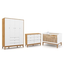 Dormitório Completo Infantil Unique 4 Portas, Cômoda 6 Gavetas e Berço Branco Soft/Freijó/Eco Wood - Matic Móveis 