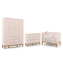 Dormitório Completo Infantil Unique 4 Portas, Cômoda 6 Gavetas e Berço Rosê/Eco Wood - Matic Móveis 