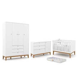 Dormitório Completo Infantil Unique 4 Portas, Cômoda com Porta, Berço Branco Soft/Eco Wood e Colchão - Matic Móveis 