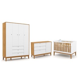 Dormitório Completo Infantil Unique 4 Portas, Cômoda com Porta e Berço Branco Soft/Freijó/Eco Wood - Matic Móveis 