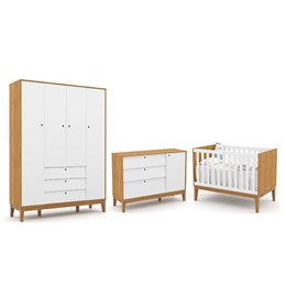 Dormitório Completo Infantil Unique 4 Portas, Cômoda com Porta e Berço Freijó/Branco Soft/Eco Wood - Matic Móveis 