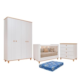 Dormitório Cupcake Guarda Roupa, Cômoda e Berço Branco Acetinado/Nature com Colchão Physical - Permóbili Baby Dormitório Cupcake Guarda Roupa, Cômoda e Berço Branco Acetinado/Nature com Colchão Physical - Permóbili Baby