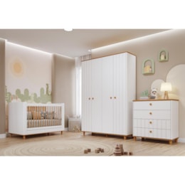 Dormitório Cupcake Guarda Roupa, Cômoda e Berço Branco Acetinado/Nature com Colchão Supreme - Permóbili Baby Dormitório Cupcake Guarda Roupa, Cômoda e Berço Branco Acetinado/Nature com Colchão Supreme - Permóbili Baby