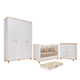 Dormitório Cupcake Guarda Roupa, Cômoda e Berço Branco Acetinado/Nature com Colchão Supreme - Permóbili Baby Dormitório Cupcake Guarda Roupa, Cômoda e Berço Branco Acetinado/Nature com Colchão Supreme - Permóbili Baby