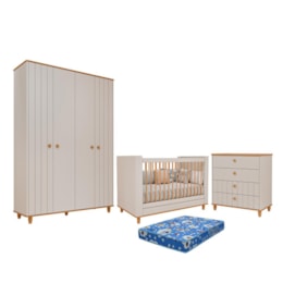 Dormitório Cupcake Guarda Roupa, Cômoda e Berço Off White/Nature com Colchão Physical - Permóbili Baby Dormitório Cupcake Guarda Roupa, Cômoda e Berço Off White/Nature com Colchão Physical - Permóbili Baby
